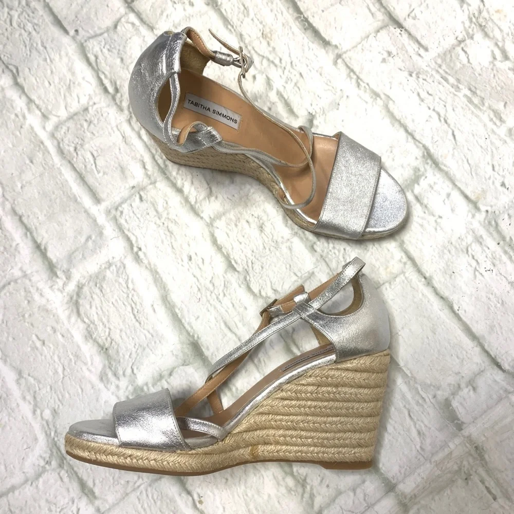 Tabitha Simmons Silver Espadrille Wedge Sandals
